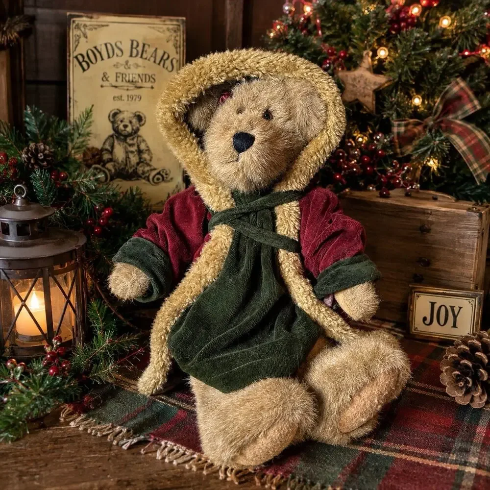 Boyds Bears 12” Teddy Bear Burgundy Winter Coat Hood Scarf Christmas Holiday